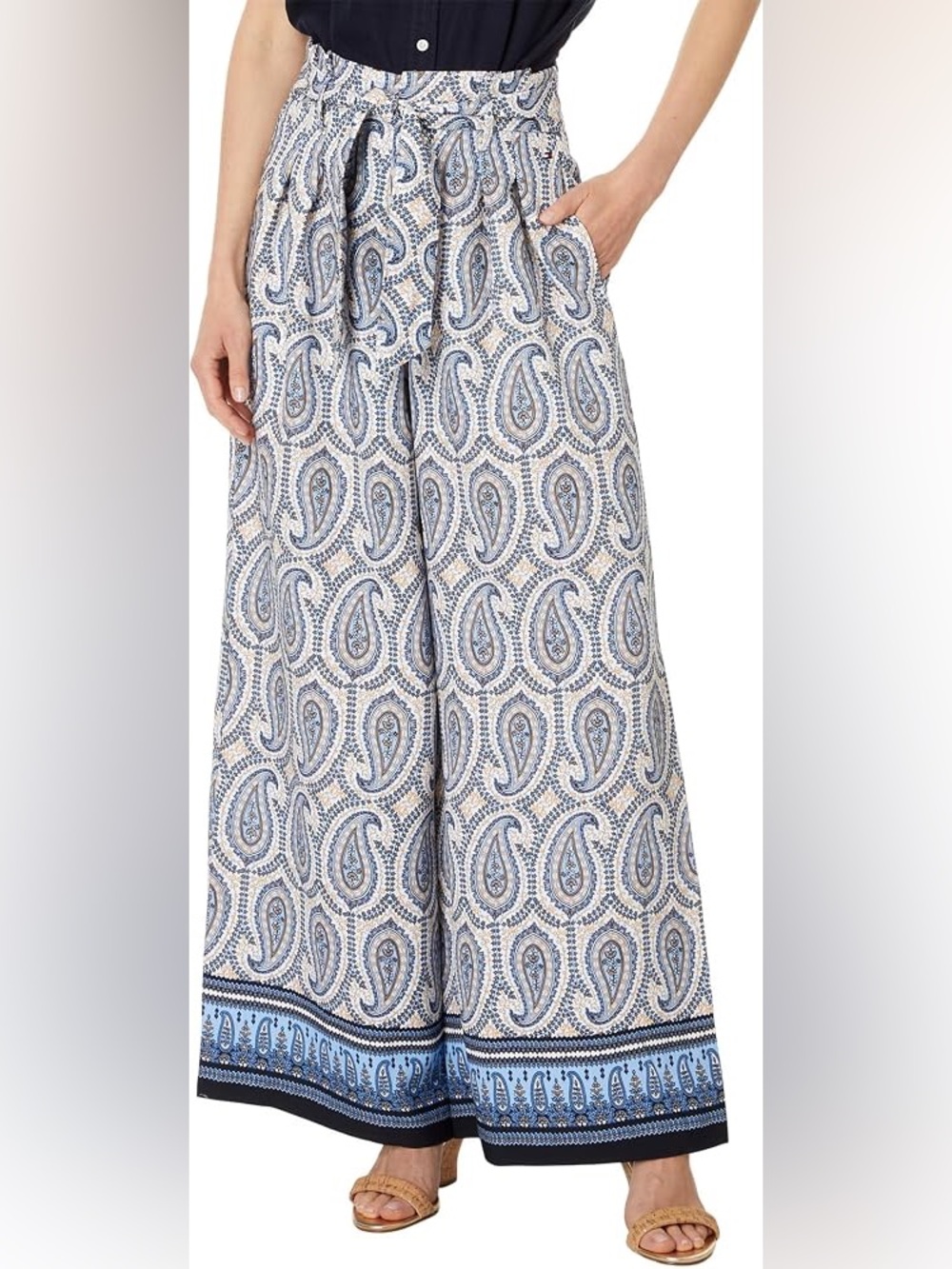 Tommy Hilfiger White & Blue Paisley Wide Leg Pants